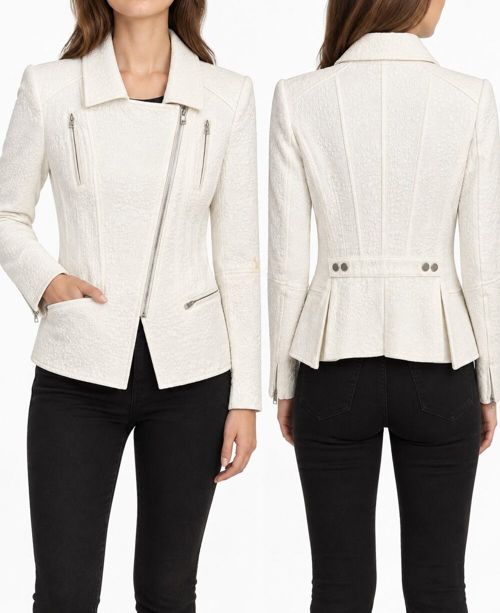 BCBGMAXAZRIA Boe Gardenia Ivory Jacquard Lace Moto Peplum Jacket Women's XS